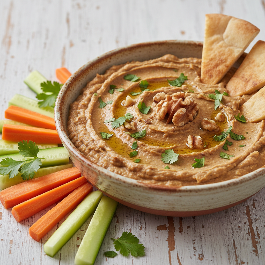 Walnut lentil dip with Ragi sweet potato chips